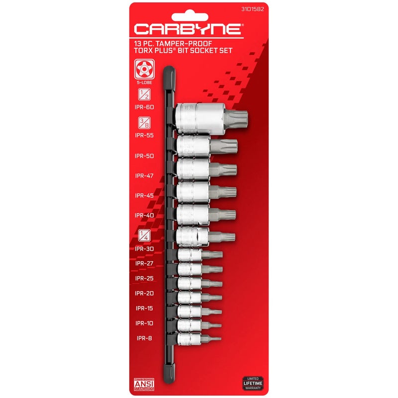 CARBYNE 13-Piece Tamper-Proof Torx Plus (aka 5 Lobe) Bit Socket Set, TPR-8/IPR-8 to TPR-60/IPR-60, S2 Steel Bits, CRV Sockets | 1/4 in., 3/8 in., & 1/2 in. Drive - Image 1